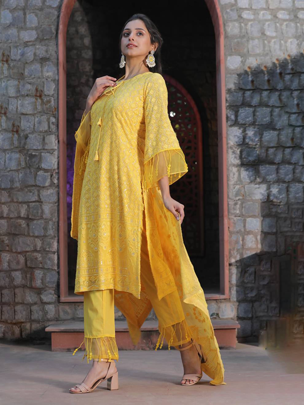 Chikankari Heavy Embroidered Yellow Suit with Dupatta (Set of 3)