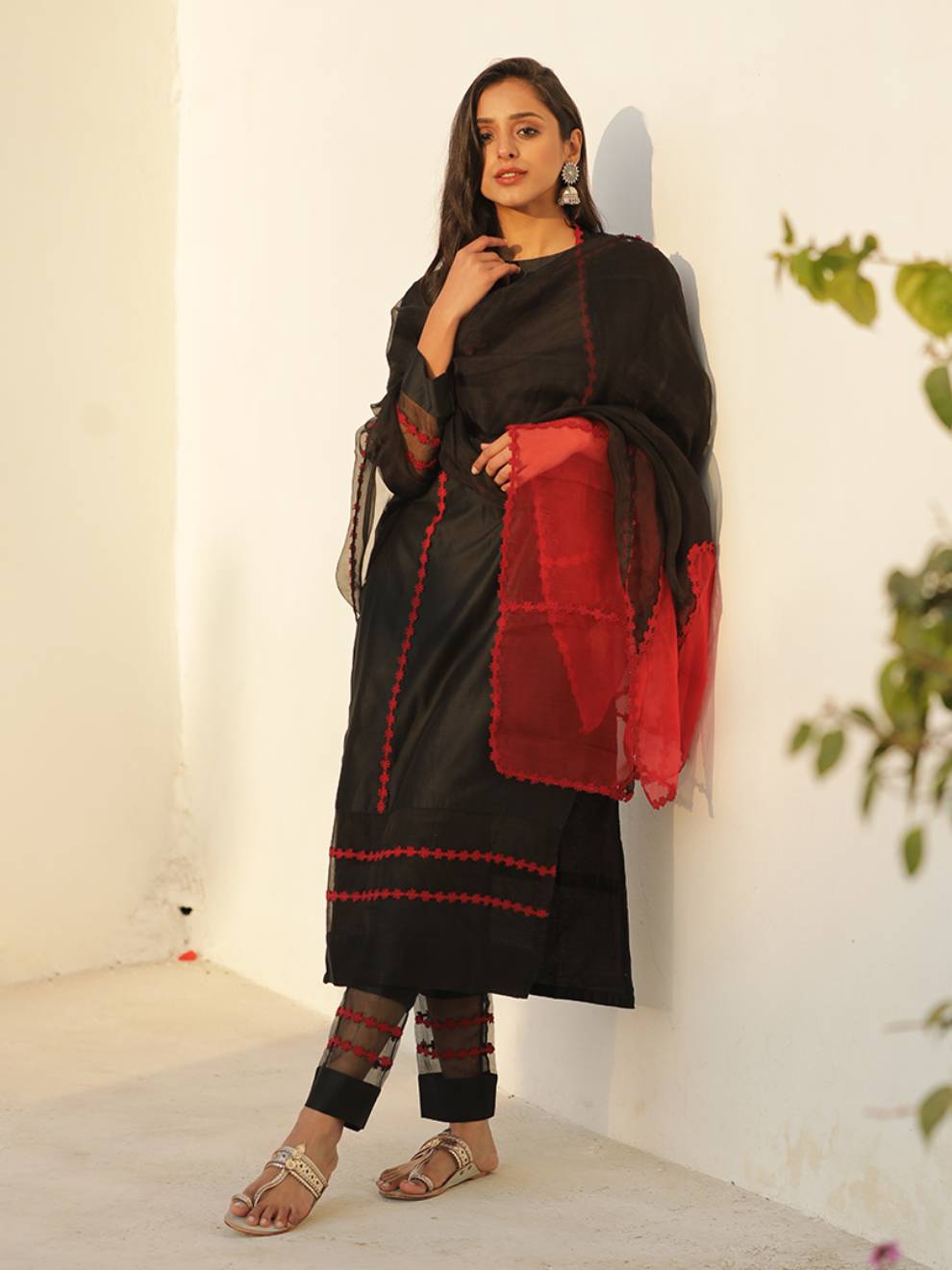 Elegant Black and Red Silk Suit Set with Dupatta (Set of 3)