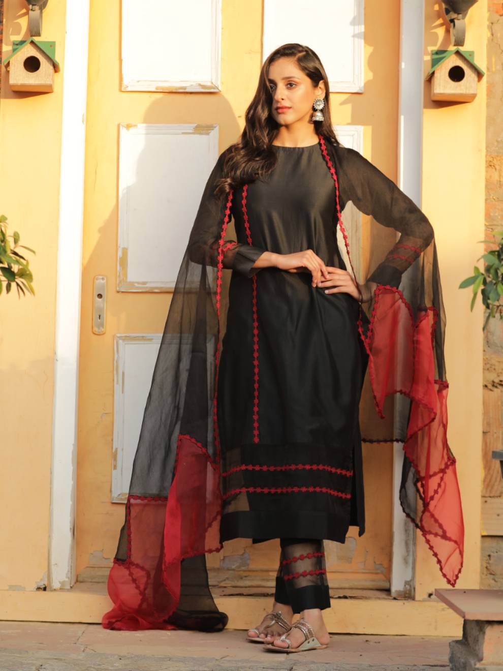 Elegant Black and Red Silk Suit Set with Dupatta (Set of 3)