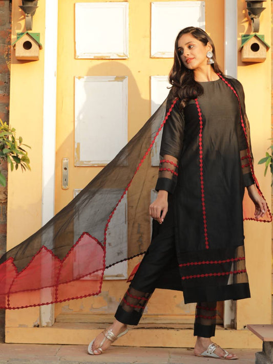 Elegant Black and Red Silk Suit Set with Dupatta (Set of 3)