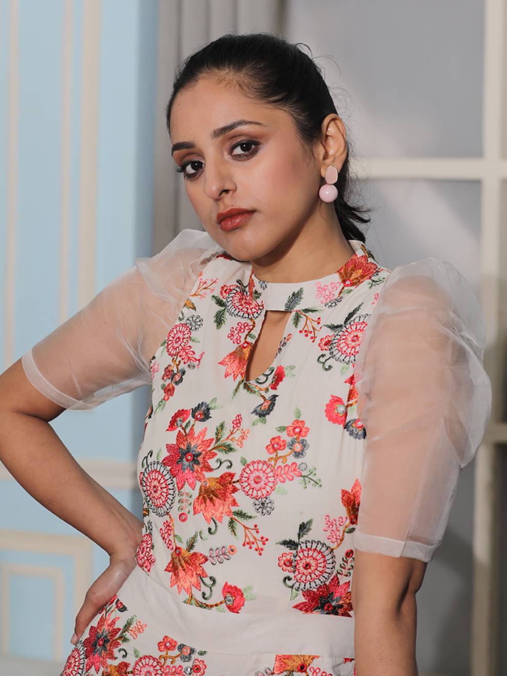 Floral Embroidered Off-White Jumpsuit with Organza Sleeves