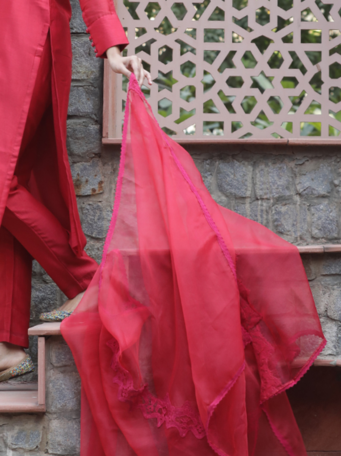 Maroon Pure Silk Organza Embroidered Lace Dupatta