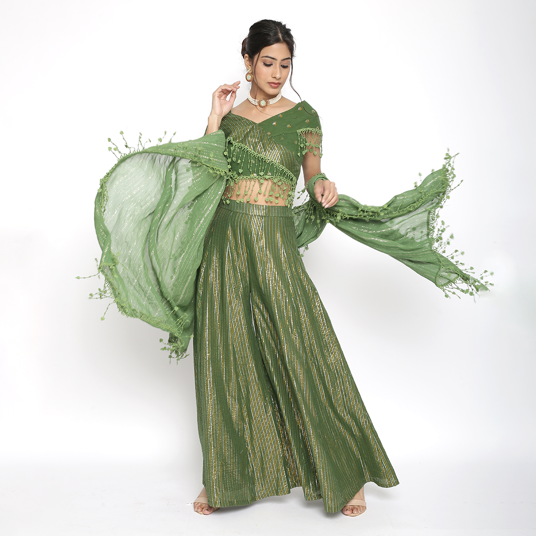 Green Lurex Top and Sharara with Dupatta