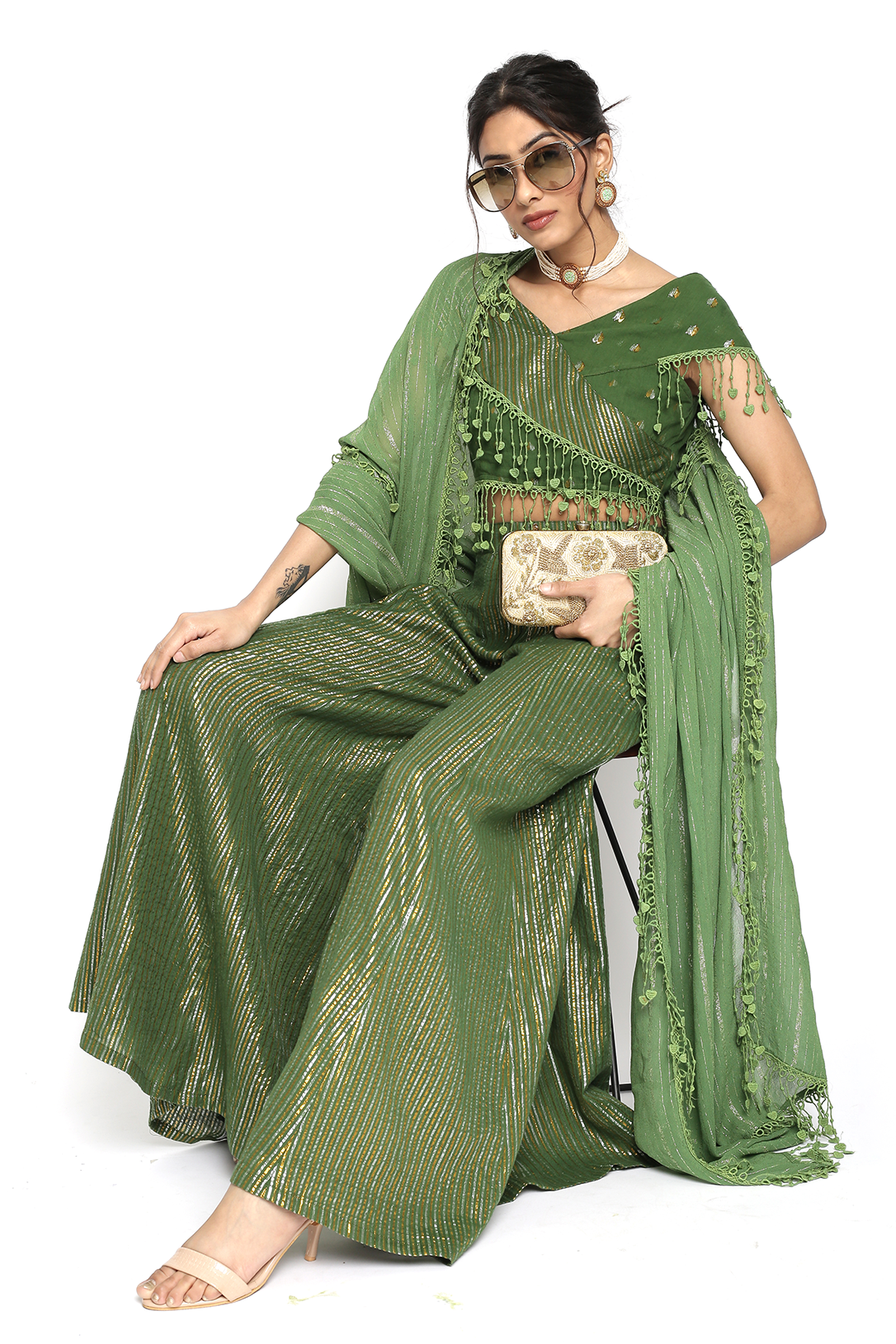 Green Lurex Top and Sharara with Dupatta