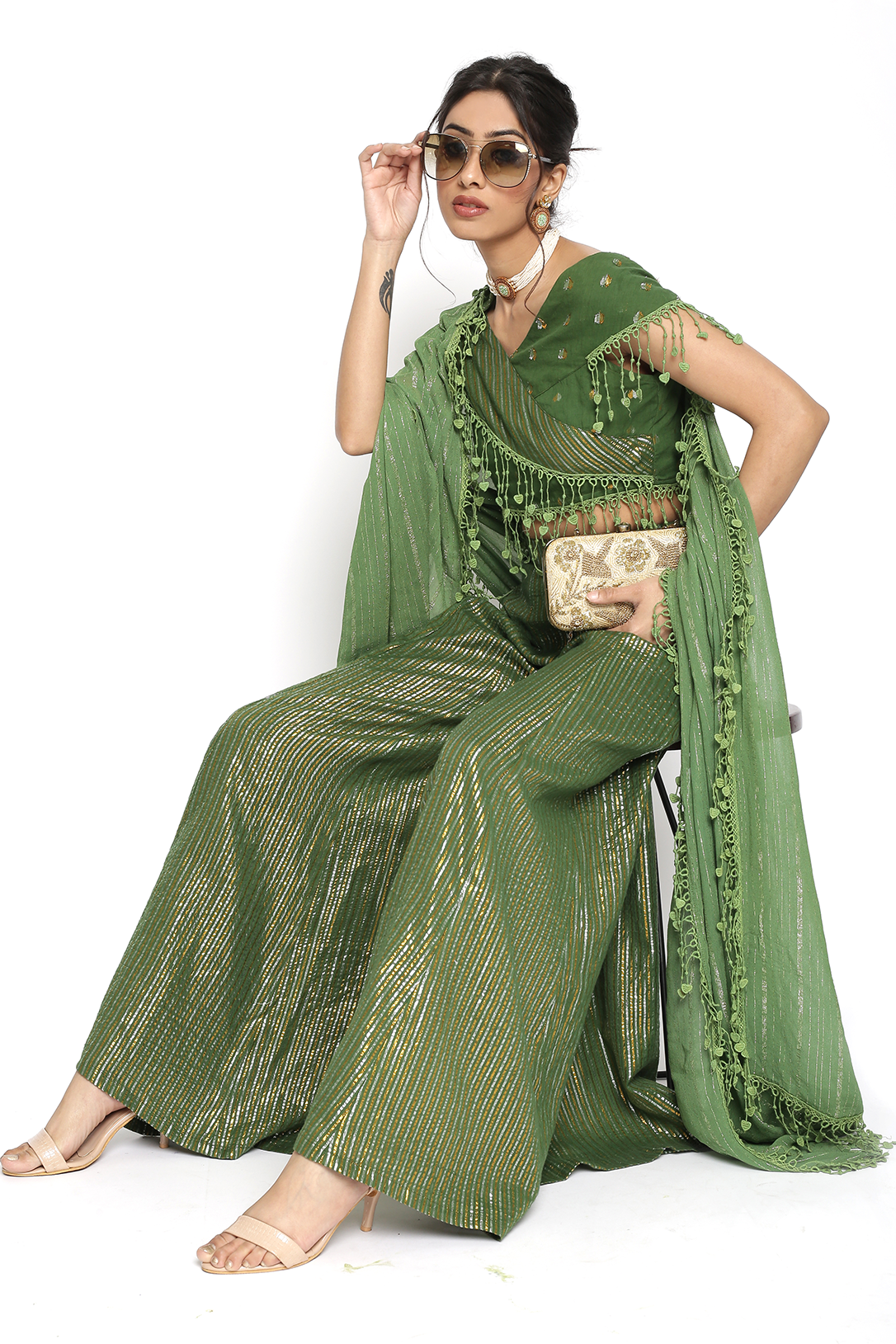 Green Lurex Top and Sharara with Dupatta