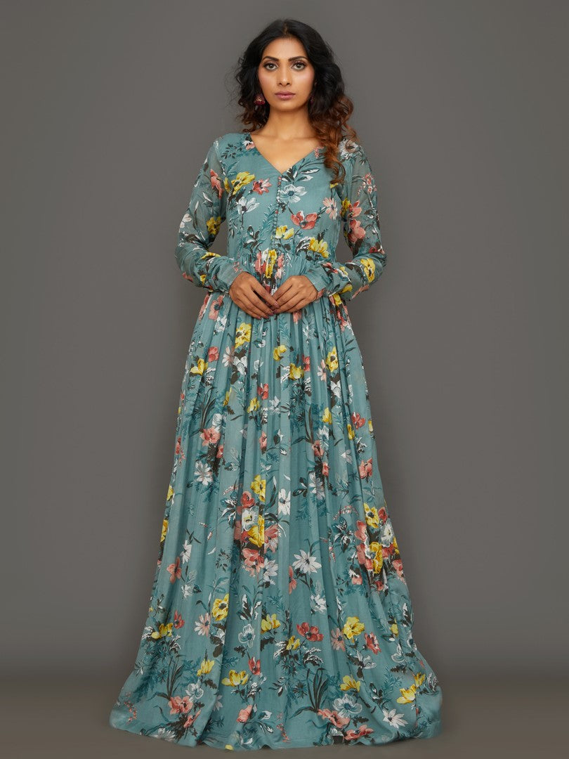 Cyan Maiden Cotton Silk Anarkali Set (With Dupatta)