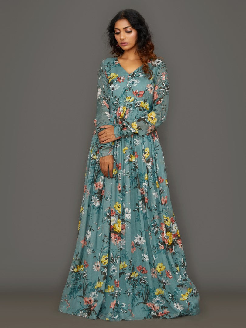Cyan Maiden Cotton Silk Anarkali Set (With Dupatta)