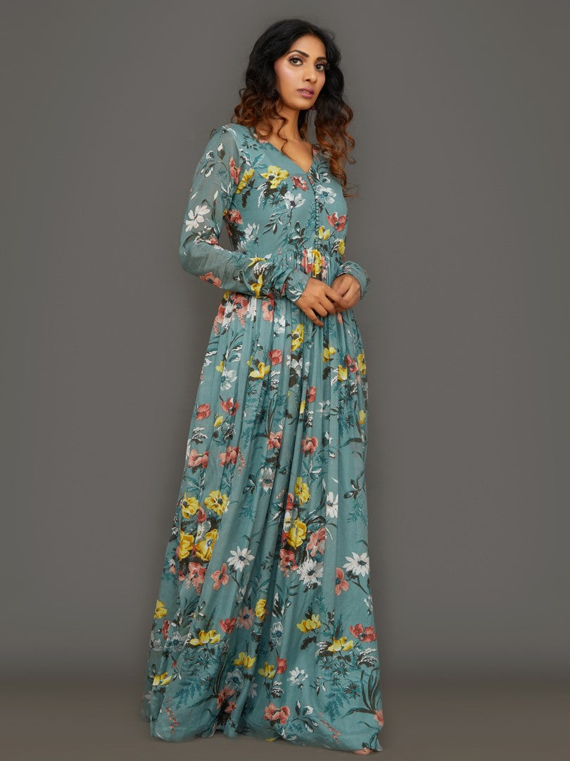Cyan Maiden Cotton Silk Anarkali Set (With Dupatta)