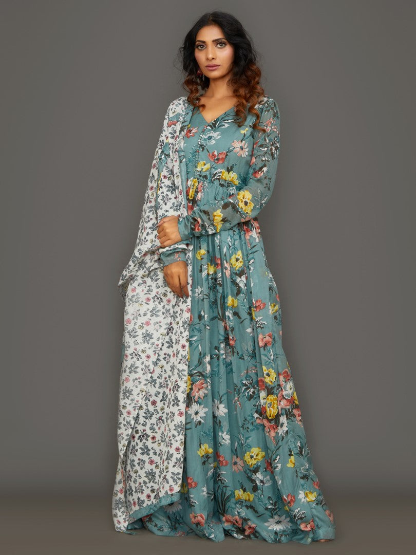 Cyan Maiden Cotton Silk Anarkali Set (With Dupatta)