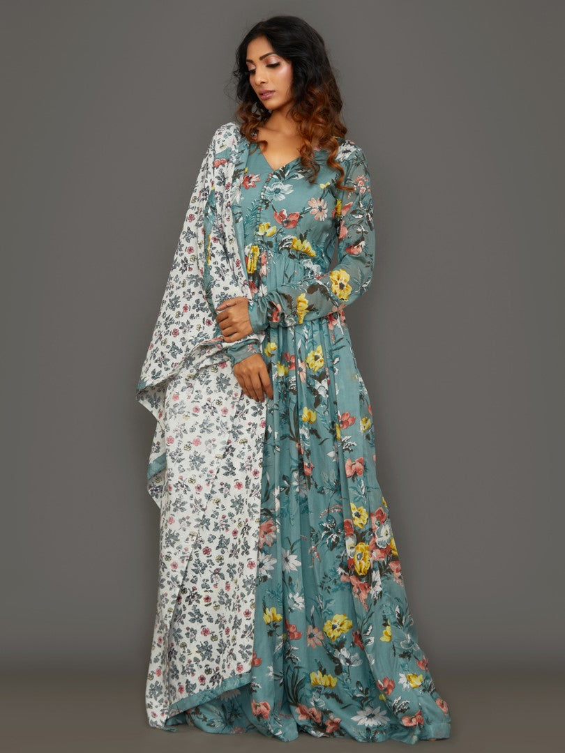 Cyan Maiden Cotton Silk Anarkali Set (With Dupatta)