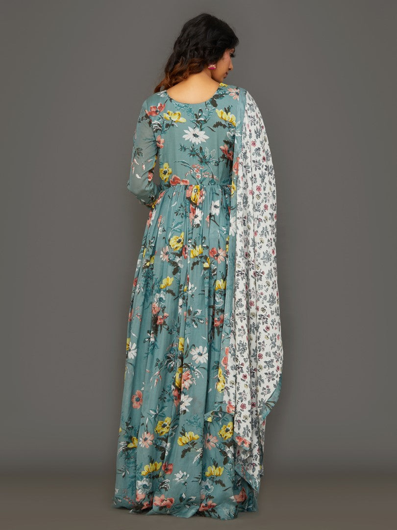 Cyan Maiden Cotton Silk Anarkali Set (With Dupatta)
