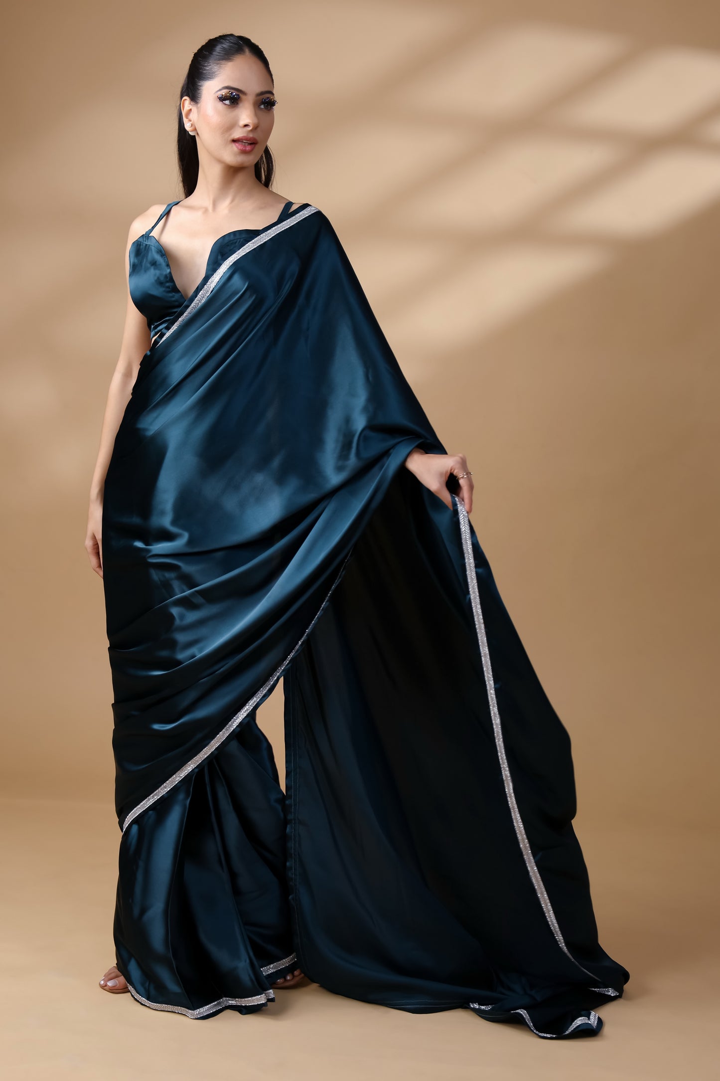 Twilight Glow Embroidered Premium Satin Saree with Unstitched Blouse