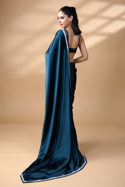 Twilight Glow Embroidered Premium Satin Saree with Unstitched Blouse