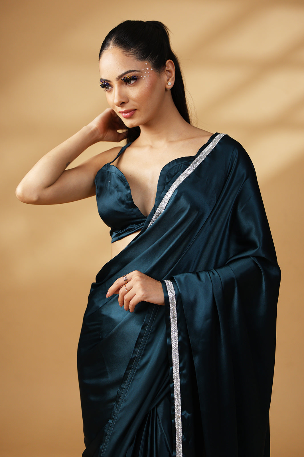 Twilight Glow Embroidered Premium Satin Saree with Unstitched Blouse