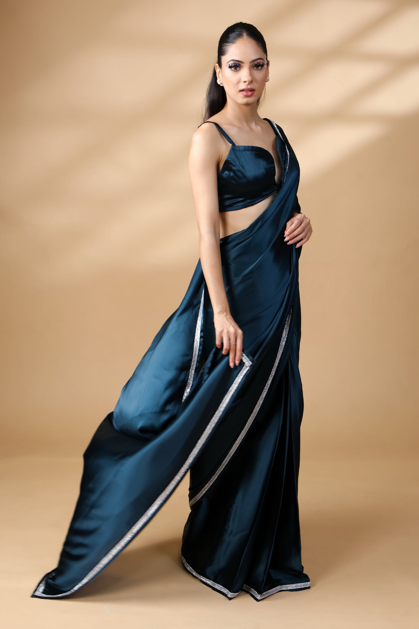 Twilight Glow Embroidered Premium Satin Saree with Unstitched Blouse