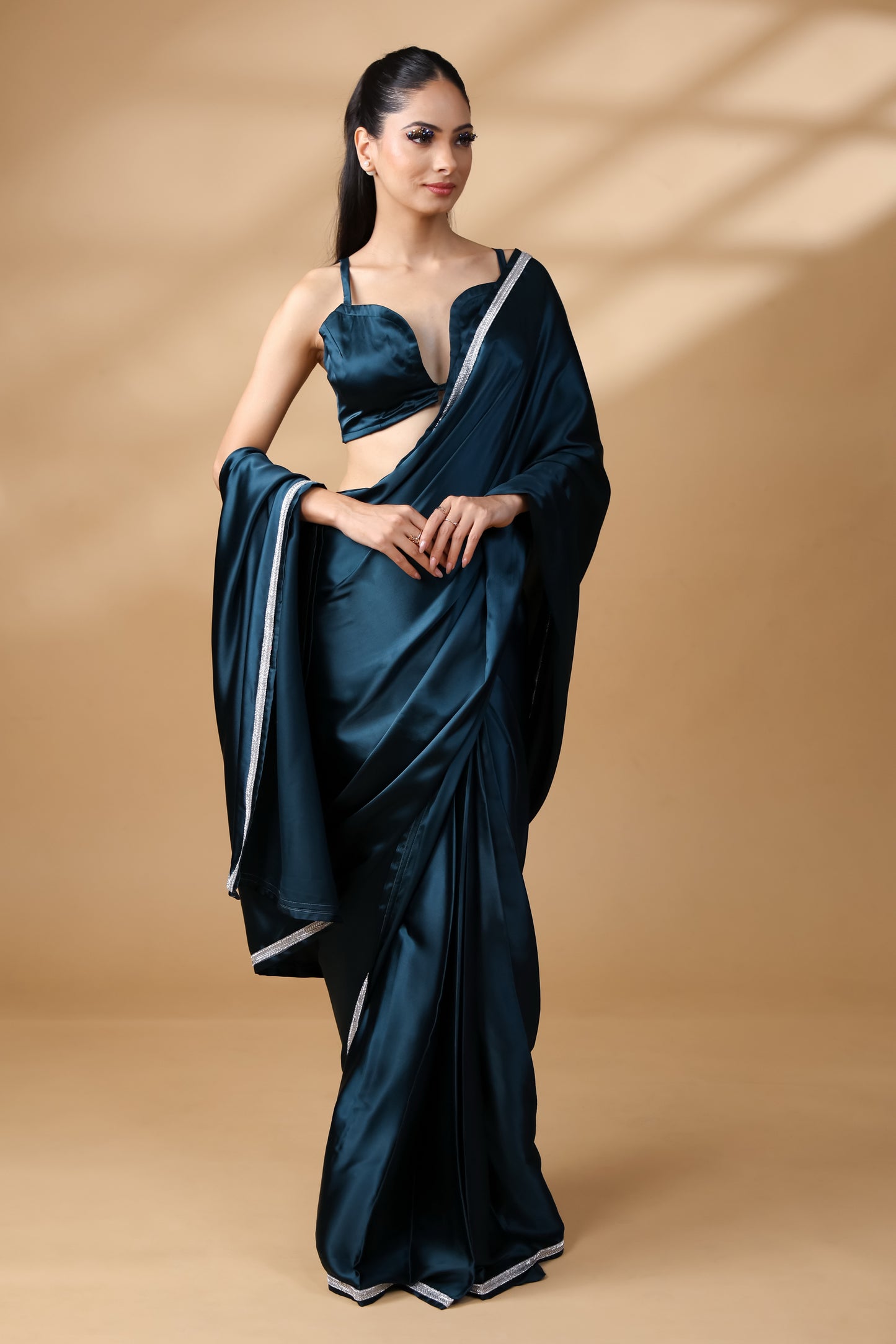 Twilight Glow Embroidered Premium Satin Saree with Unstitched Blouse