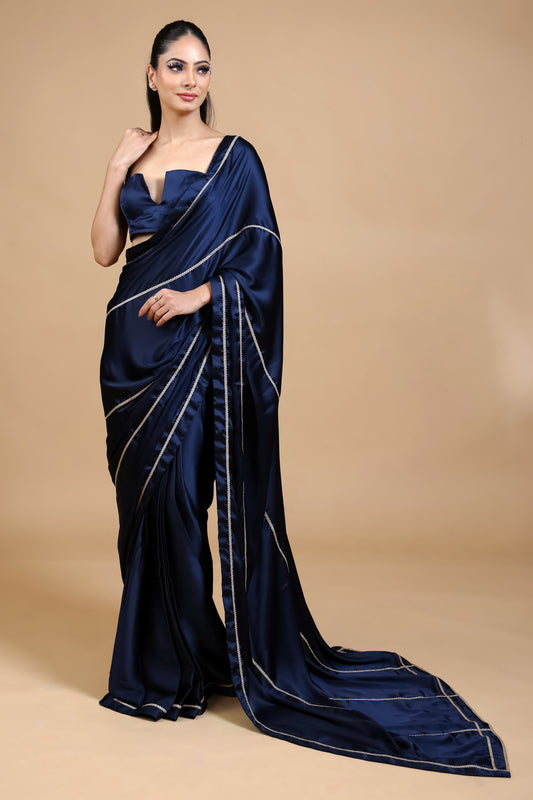 Royal Emerald Gold Embellished Satin Saree with Unstitched Blouse