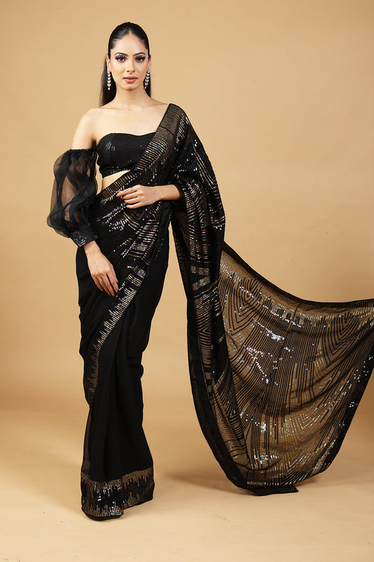 Midnight Sparkle Black & Gold Sequin Party Saree with Unstitched Blouse