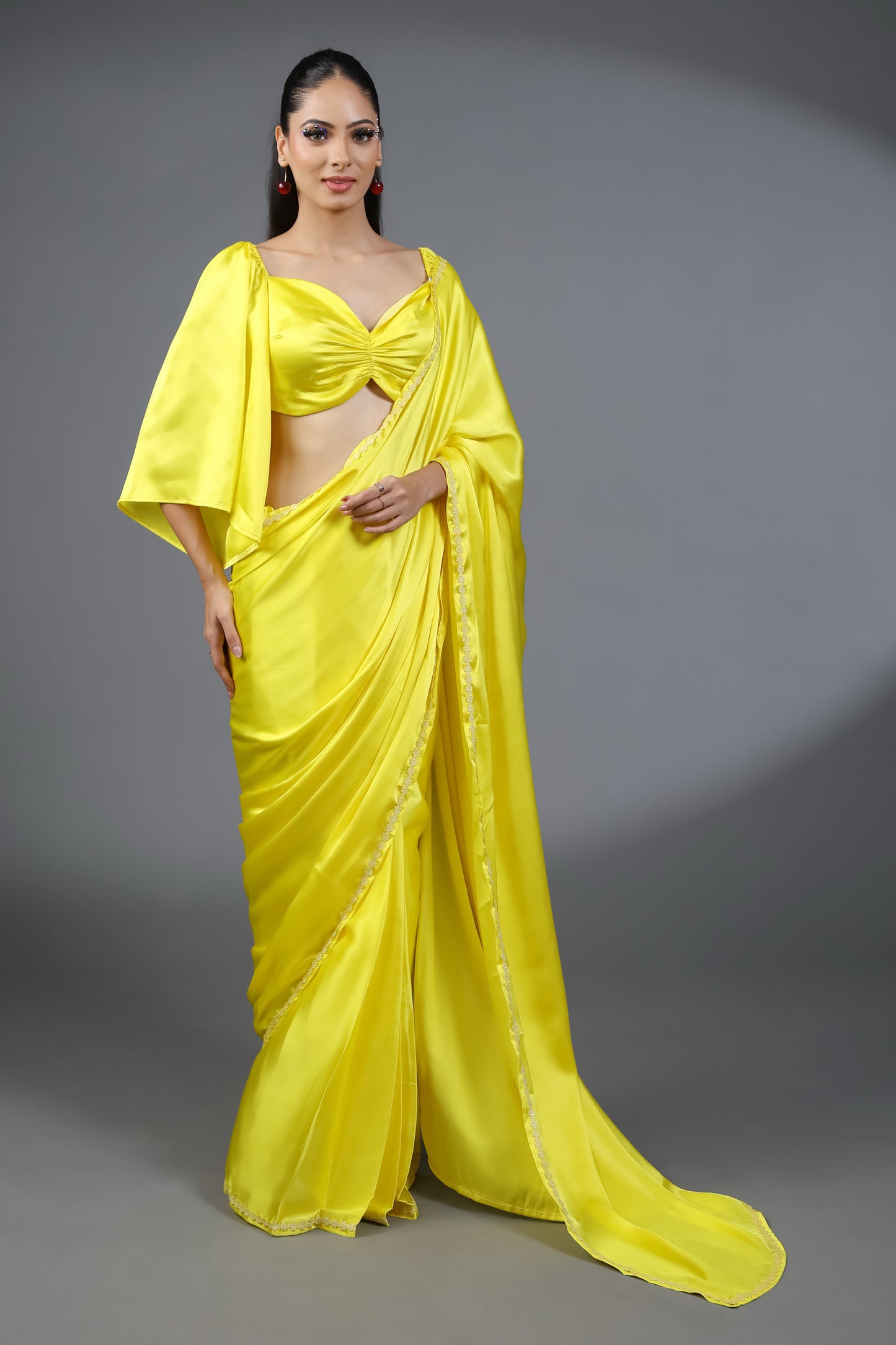 Sunshine Premium Rich Satin Saree with Embellished Lace and Blouse Fabric