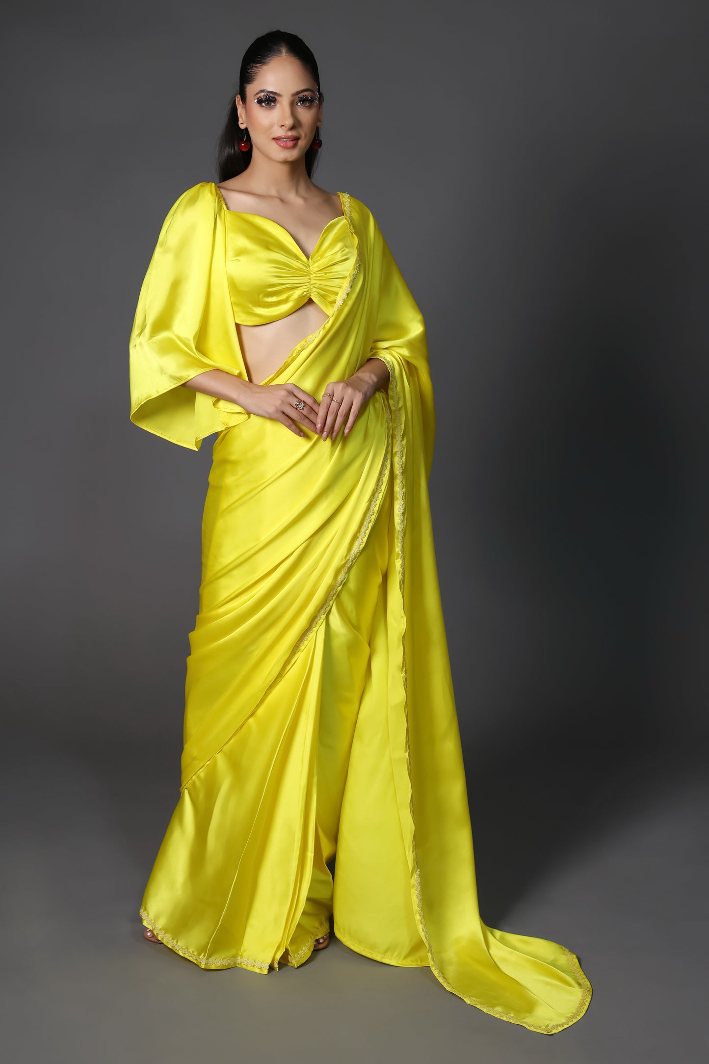 Sunshine Premium Rich Satin Saree with Embellished Lace and Blouse Fabric