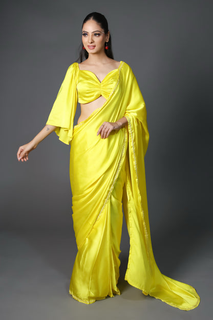 Sunshine Premium Rich Satin Saree with Embellished Lace and Blouse Fabric