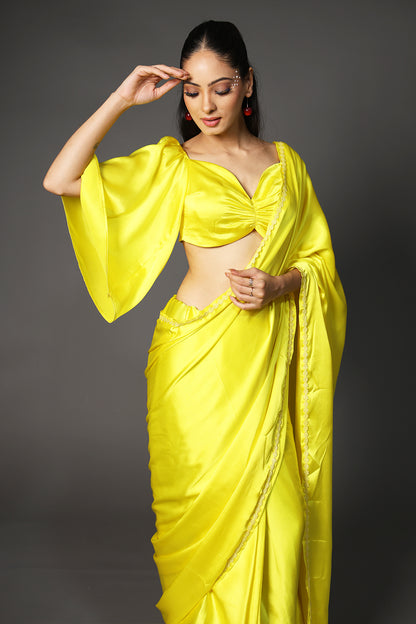Sunshine Premium Rich Satin Saree with Embellished Lace and Blouse Fabric