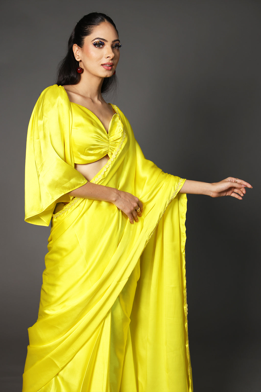 Sunshine Premium Rich Satin Saree with Embellished Lace and Blouse Fabric