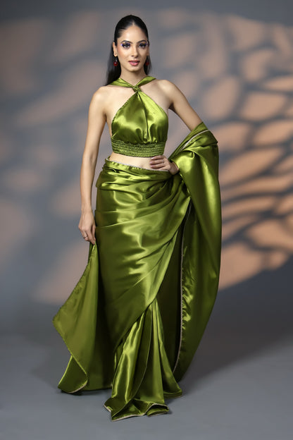 Olive Gold Luxe Satin Saree with Golden Embellishments and Blouse Fabric