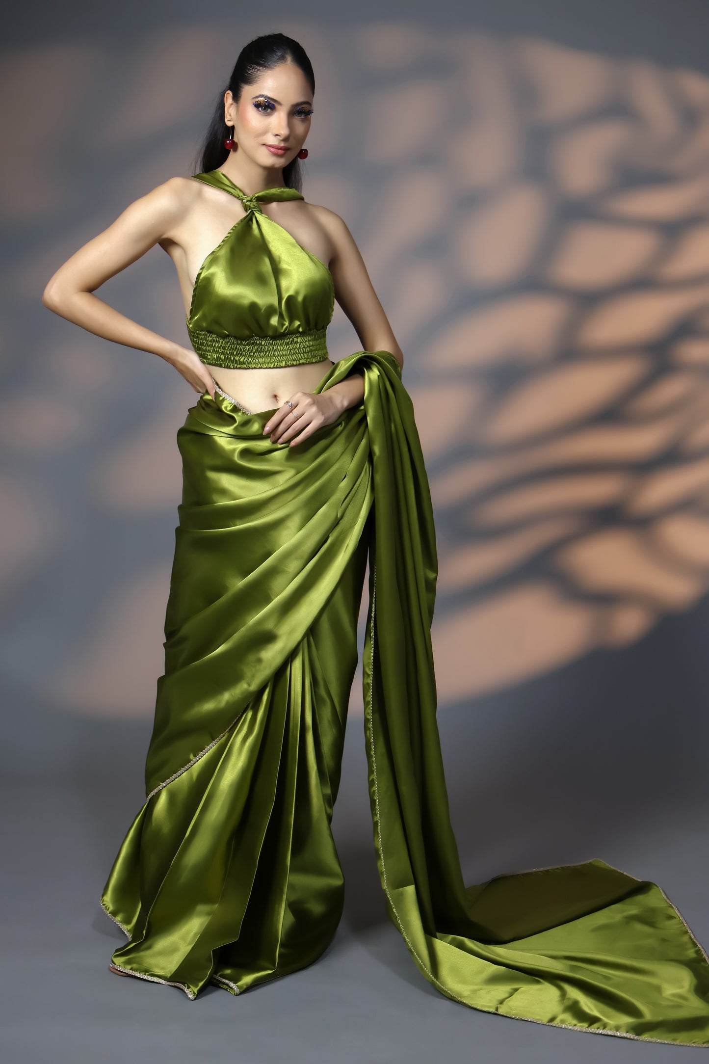 Olive Gold Luxe Satin Saree with Golden Embellishments and Blouse Fabric
