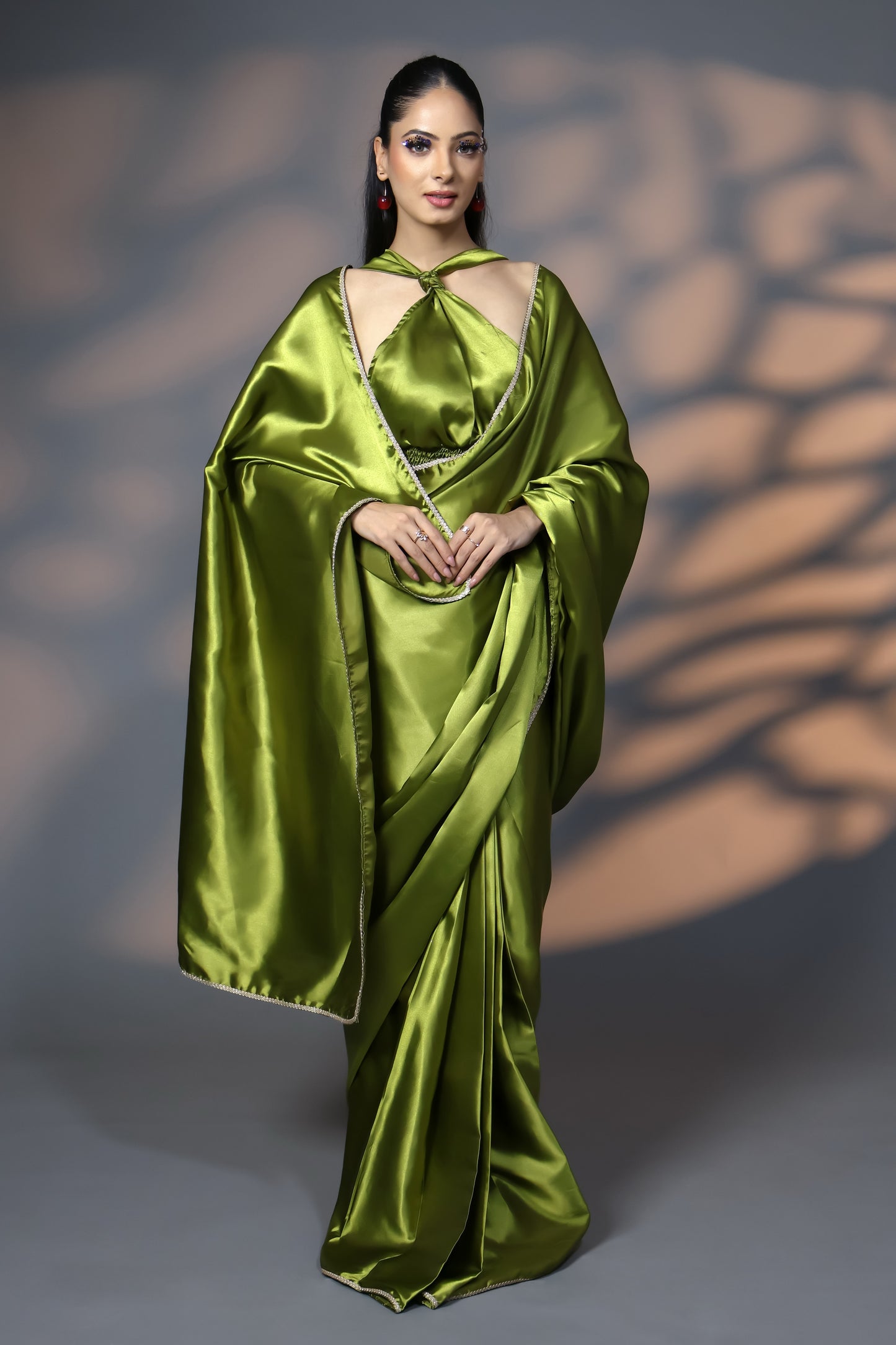 Olive Gold Luxe Satin Saree with Golden Embellishments and Blouse Fabric