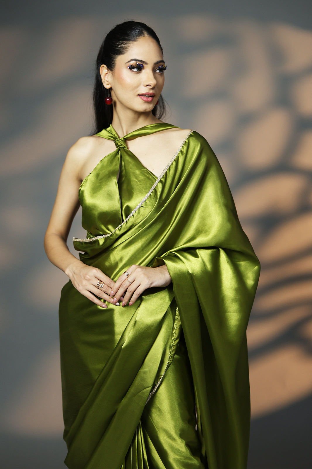 Olive Gold Luxe Satin Saree with Golden Embellishments and Blouse Fabric