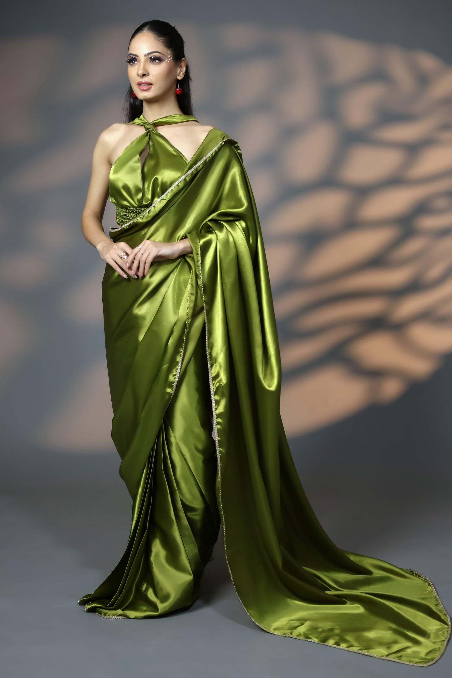 Olive Gold Luxe Satin Saree with Golden Embellishments and Blouse Fabric