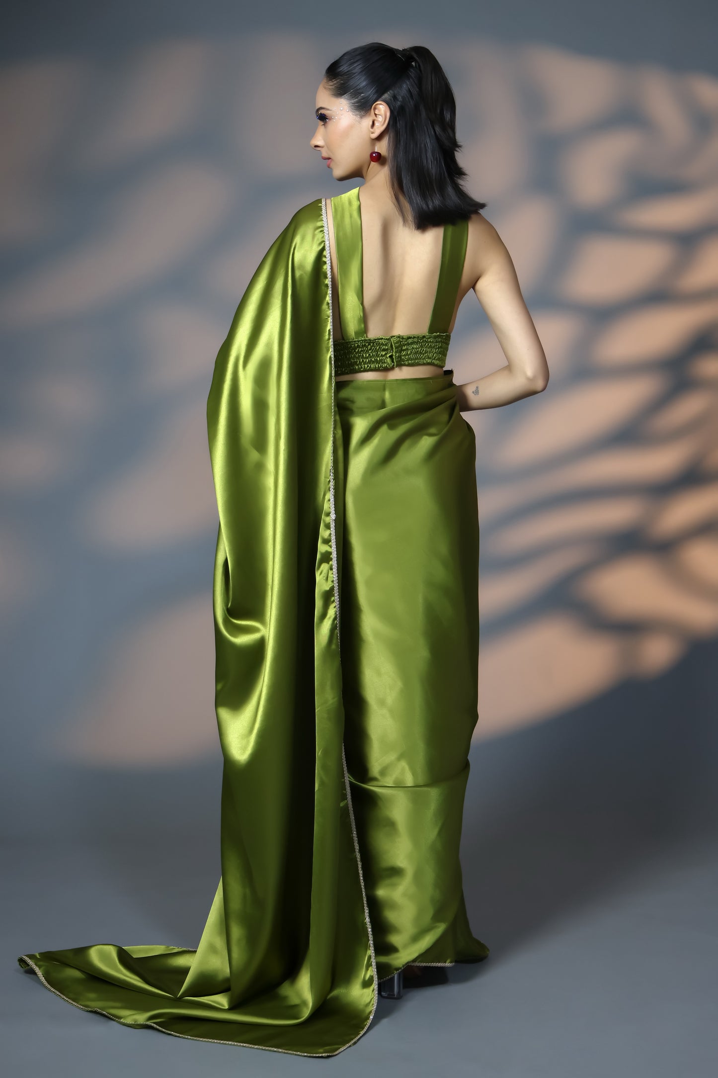 Olive Gold Luxe Satin Saree with Golden Embellishments and Blouse Fabric