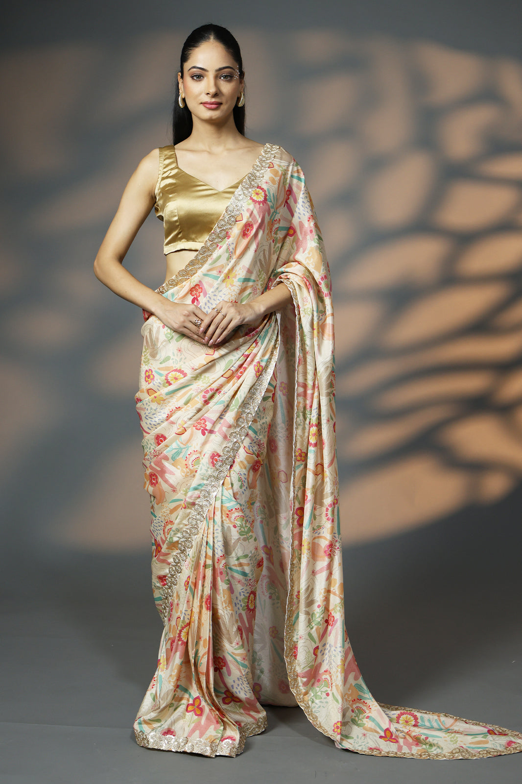 Golden Bloom Luxe Saree with Golden Threadwork and Golden Unstitched Blouse