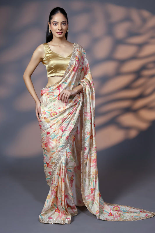 Golden Bloom Luxe Saree with Golden Threadwork and Golden Unstitched Blouse