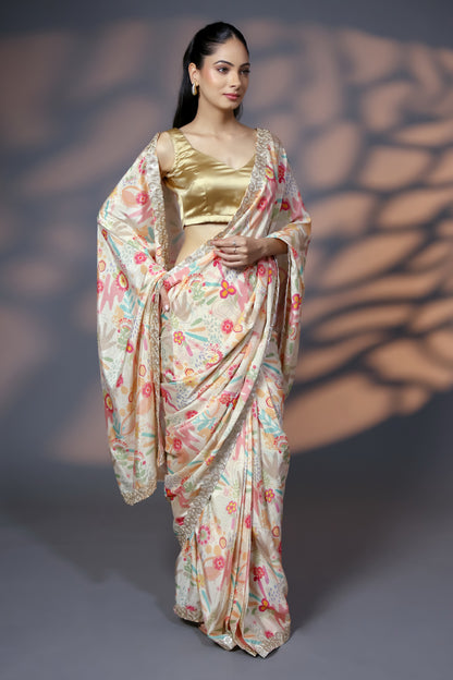 Golden Bloom Luxe Saree with Golden Threadwork and Golden Unstitched Blouse