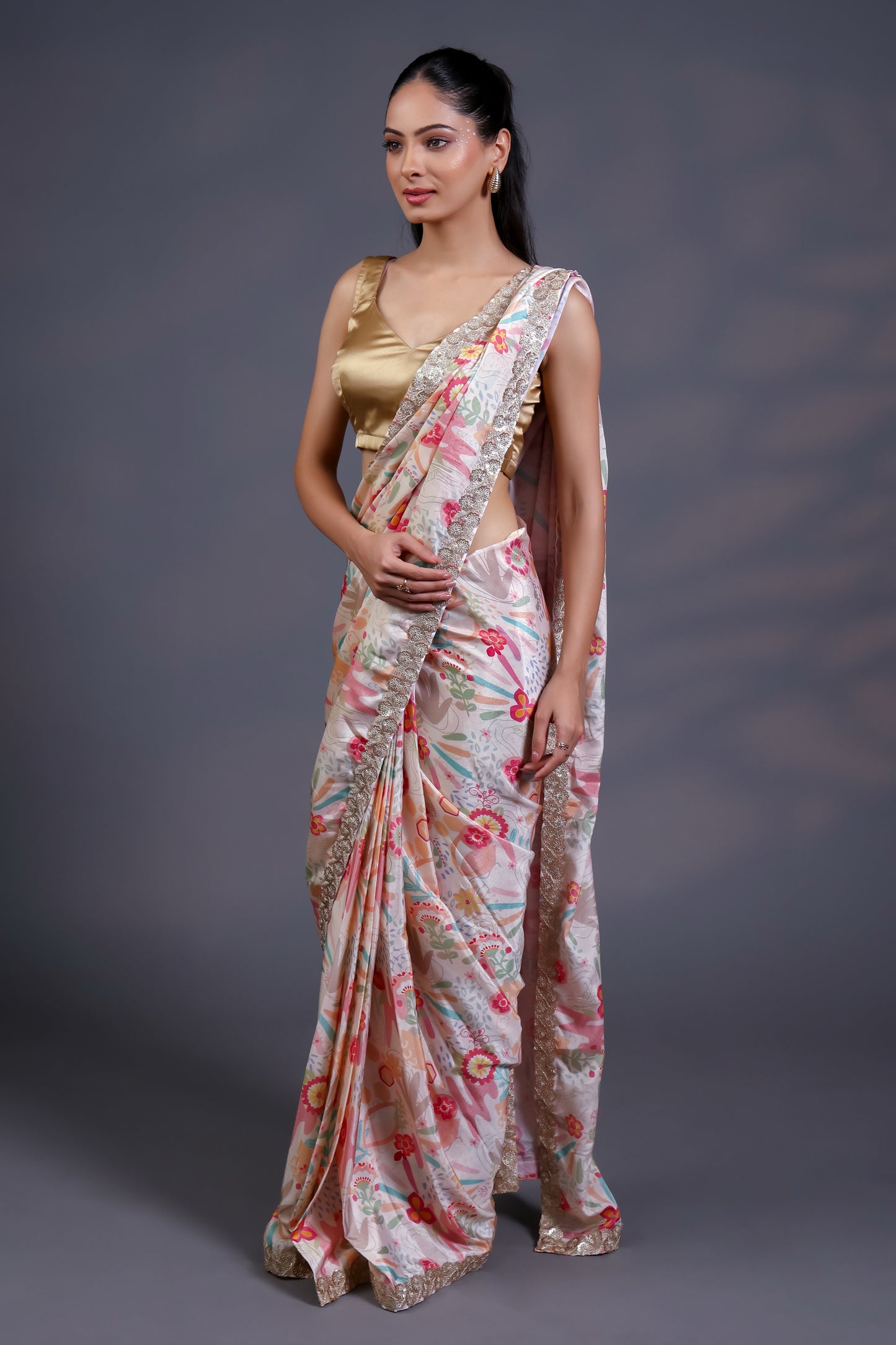 Golden Bloom Luxe Saree with Golden Threadwork and Golden Unstitched Blouse