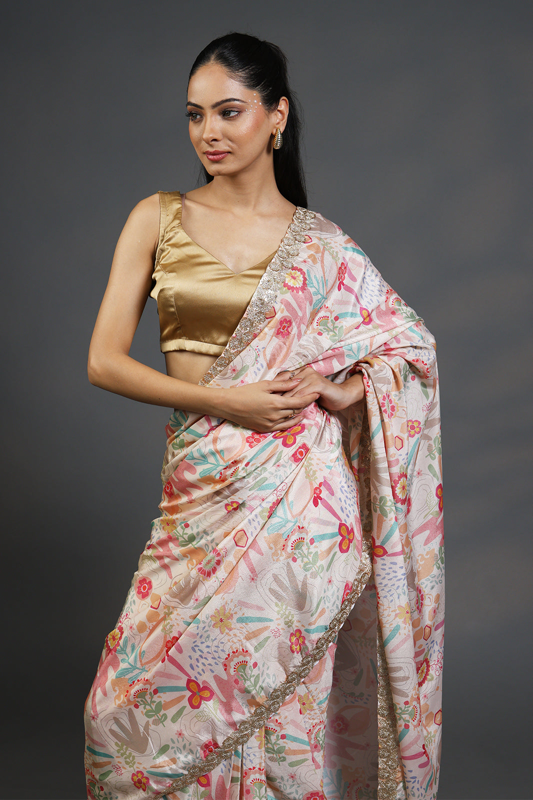 Golden Bloom Luxe Saree with Golden Threadwork and Golden Unstitched Blouse