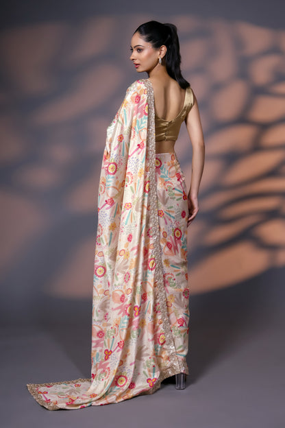 Golden Bloom Luxe Saree with Golden Threadwork and Golden Unstitched Blouse