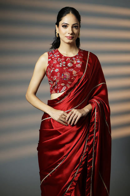 Luxe Red & Gold Embellished Premium Luxe Satin Saree with Blouse Piece