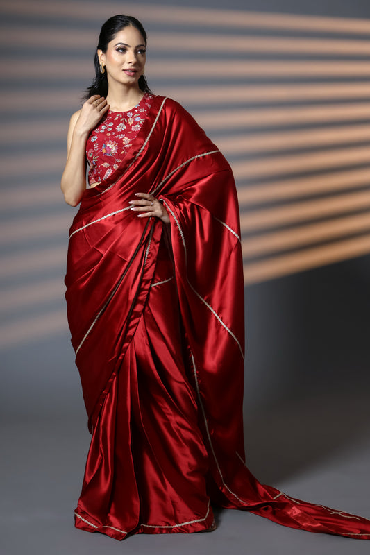 Luxe Red & Gold Embellished Premium Luxe Satin Saree with Blouse Piece