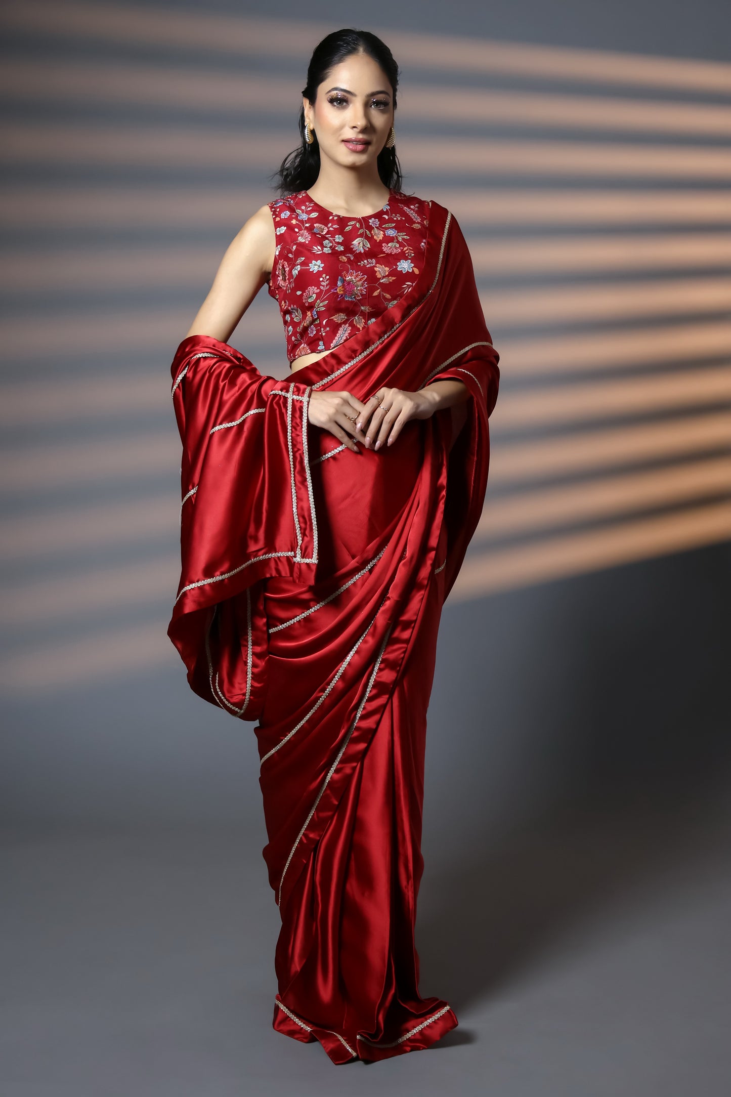 Luxe Red & Gold Embellished Premium Luxe Satin Saree with Blouse Piece