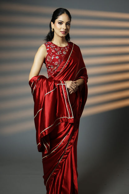 Luxe Red & Gold Embellished Premium Luxe Satin Saree with Blouse Piece