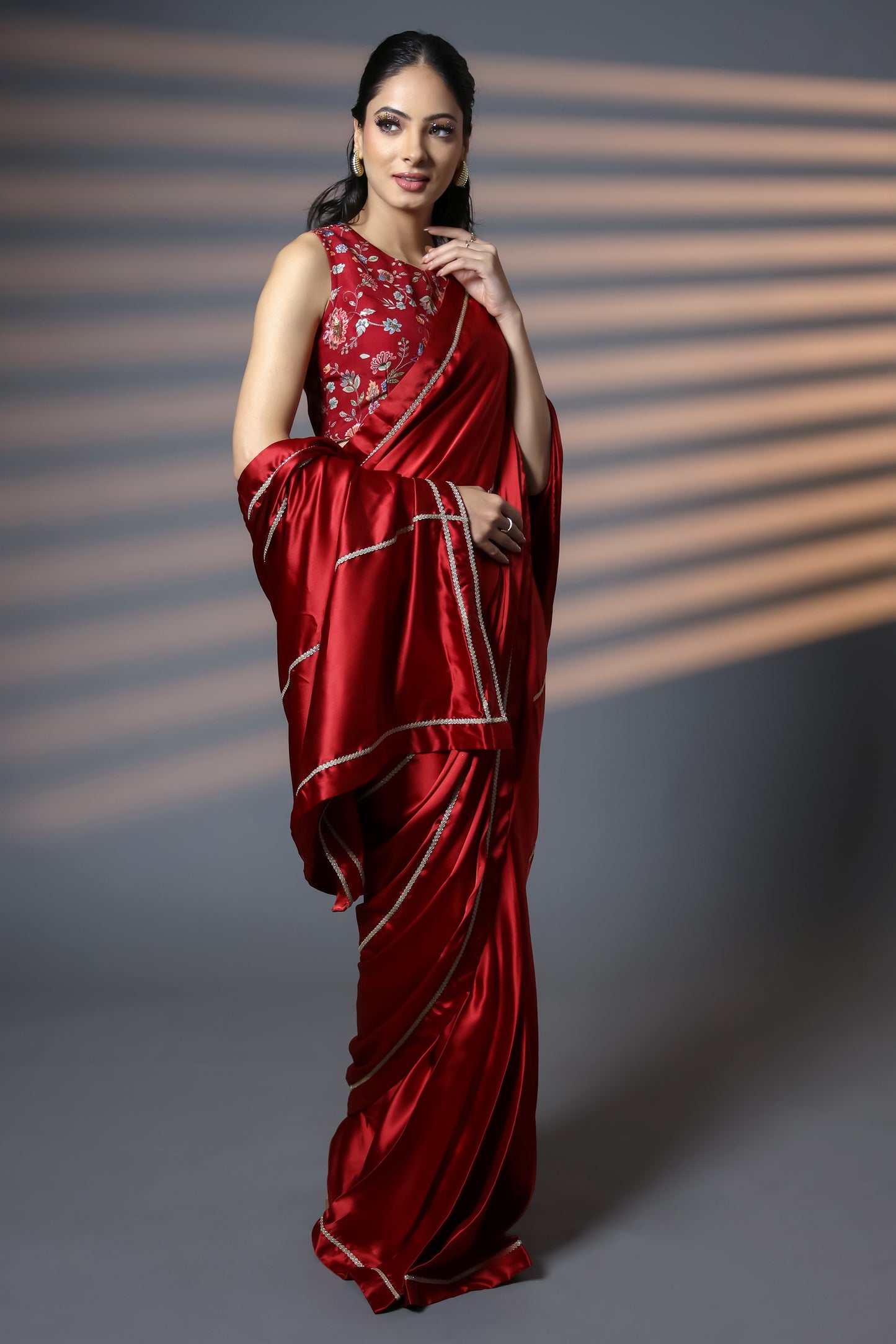 Luxe Red & Gold Embellished Premium Luxe Satin Saree with Blouse Piece