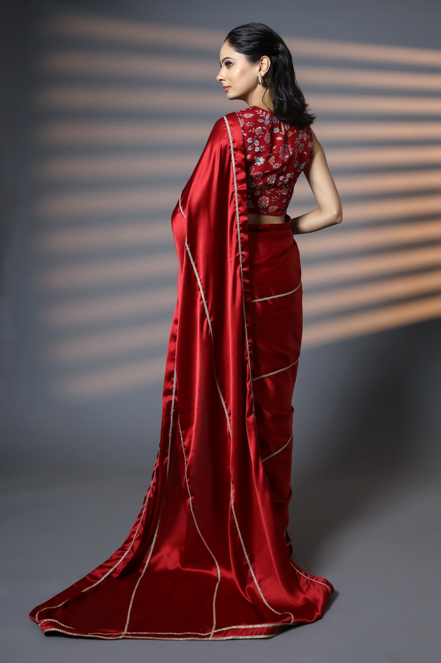 Luxe Red & Gold Embellished Premium Luxe Satin Saree with Blouse Piece