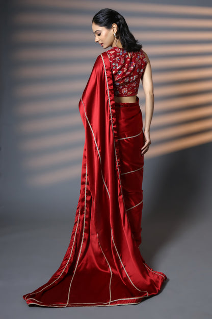 Luxe Red & Gold Embellished Premium Luxe Satin Saree with Blouse Piece