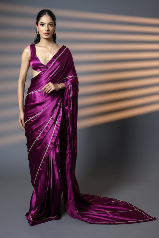 Noor-e-Gulab Golden Embellished Premium Satin Saree with Unstitched Blouse
