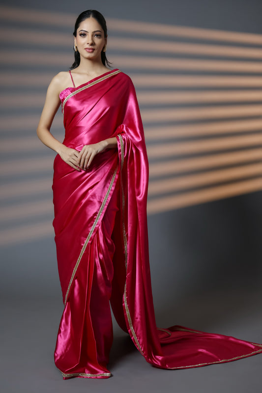 Radiant Pink and Golden Embellished Premium Saree with Unstitched Blouse