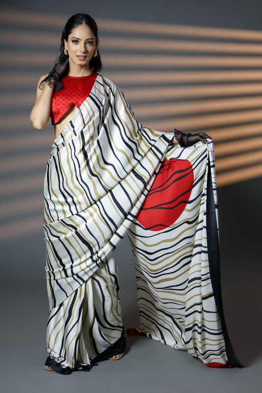 Black & Scarlet Bloom Satin Saree with Designer Blouse Piece