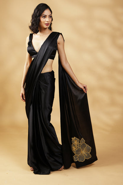 Black Beauty Golden Embroidered Saree with Blouse Fabric